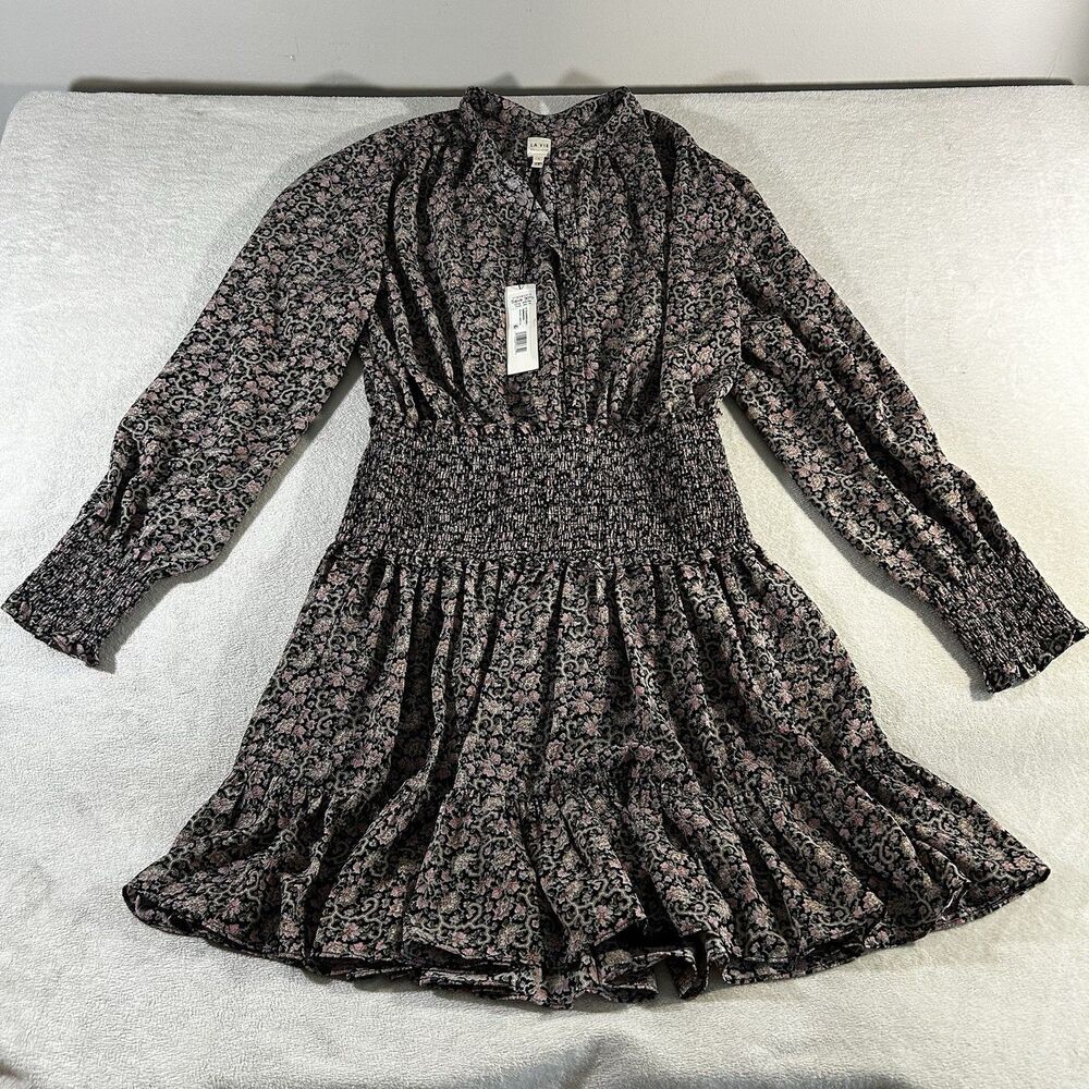 La Vie Rebecca Taylor Size Large Floral Long Sleeve Black Dress Button Whimsy
